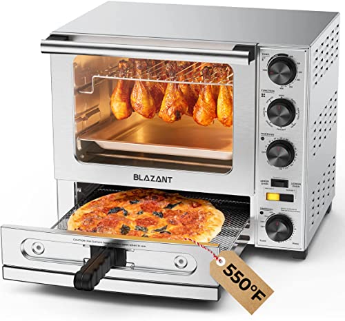 Toaster Oven Countertop, Dual Zone Toaster Oven Air Fryer Combo 29QT/28L Extra Large Capacity with 12 Inch Pizza Oven for Indoor (Max 550), for Roast Turkey, Stainless Steel Housing and Accessories Set, Quartz Heating Element(Good Heating Speed) BLAZANT M-29