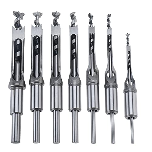 Square Hole Mortise Chisel Drill Bit Set, HSS Woodworking Hole Saw Mortising Chisel Hole Drill Bits 6/25" 1/4" 5/16" 3/8" 2/5" 1/2" 9/16" (7 Pieces)