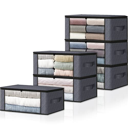 HomeHacks Storage 6-Pack Clothes Organizer Storage Bags Foldable Storage Box with Large Clear Window Sturdy Handles for Closet, Dorm, Pillows, Bedding, Clothes, Stuffed Toys, Blankets, Grey 19.7 x 13.78 x 7.87 inches,35L