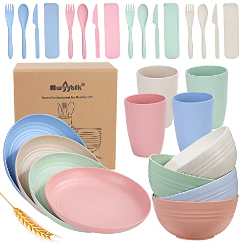 Wheat Straw Dinnerware Sets, 28PCS Plastic Plates and Bowls Sets College Dorm Room Essentials Dishes Set with Cutlery Set Microwave Safe (Colorful)