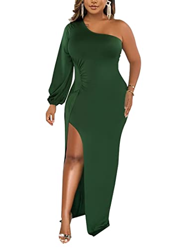 Kafiloe Women Sexy Ruched Long Dress One Shoulder Long Sleeve Bodycon Wedding Dress High Slit Wrap Party Maxi Dress Green XL