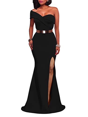 LAGSHIAN Women's Sexy Elegant Off Shoulder High Split Formal Bodycon Long Party Dress Black