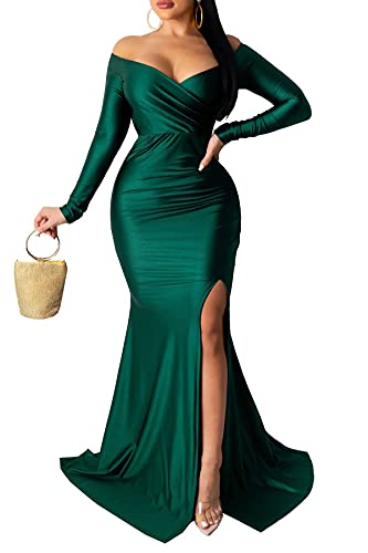 Vakkest Women's Sexy V Neck Dresses Off The Shoulder Long Sleeve High Split Evening Gown Fishtail Maxi Dress Green