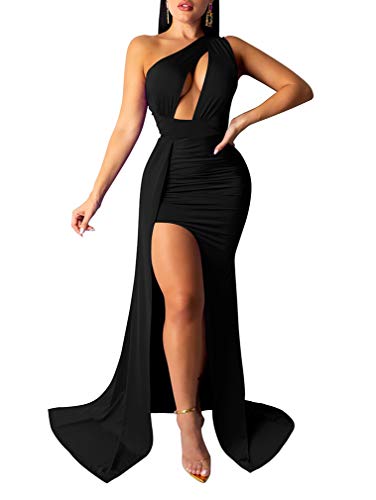 LAGSHIAN Women Sexy Elegant One Shoulder High Split Cutout Long Evening Dress Black