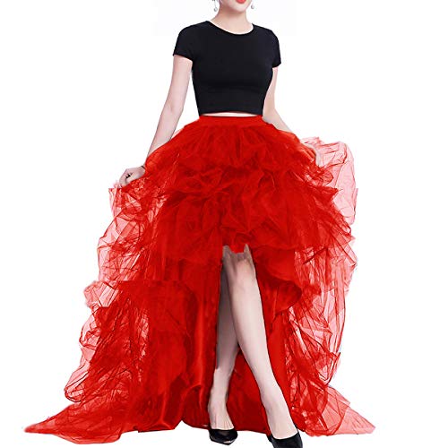 Lisong Women High Waist High Low Layered Tulle Floor Length Spectial Occasion Skirt XL Red
