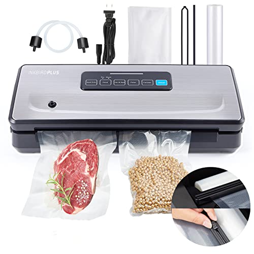 Food Sealer Vacuum Sealer Machine 10-In-1 with Full Starter Kit Built-in Cutter and Bag Storage(Up to 20ft), INKBIRD Moist/Dry/Pulse/Canister/Seal Food Vacuum Sealer Machine with Bag*5 and Roll*1