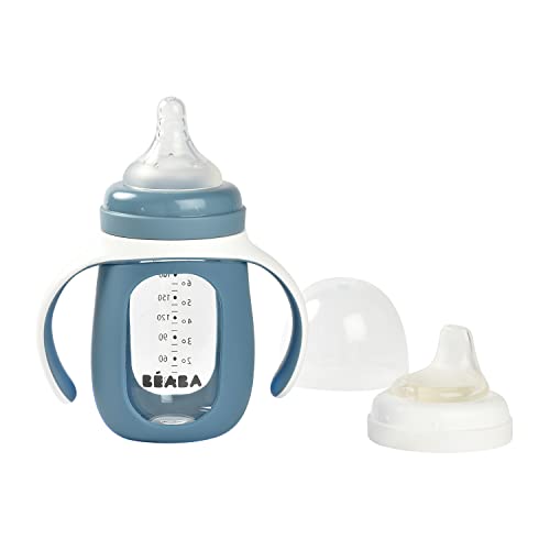 BEABA 2-in-1 Glass Baby Bottle to Glass Training Sippy Cup, Learning Cup, Baby Bottle with Soft Silicone Nipple and Sippy Spout, Baby, Toddler 7 oz (Rain)