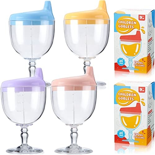 4 Pcs Wine Sippy Cup Goblet Plastic Wine Glass Sippy Cup Beverage Mug with Lid Milk Bottles for Toddlers over 8 Months for Baby Kids Birthday Christmas Party Celebration, Blue, Pink, Yellow, Purple