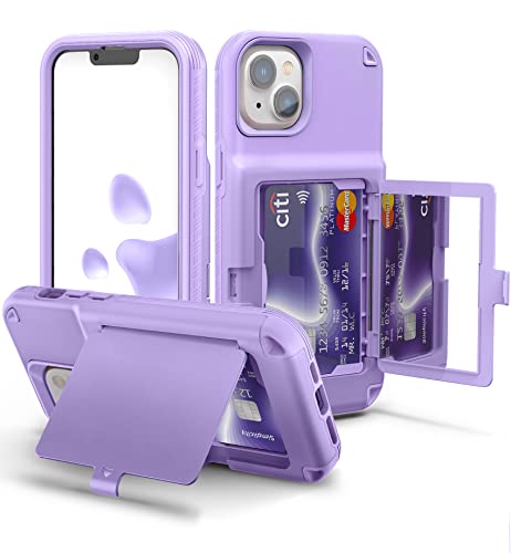 WeLoveCase iPhone 14 Plus Case for Women, Men Defender Credit Card Holder Cover with Hidden Mirror, Three Layer Shockproof Heavy Duty Protection Case for iPhone 14 Plus 6.7'' Light Purple