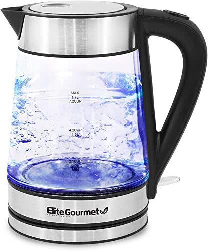 Elite Gourmet EKT-602 Electric 1.7L BPA Free Glass Kettle Cordless 360 Base, Stylish Blue LED Interior, Handy Auto Shut-Off Function  Quickly Boil Water For Tea & More, Stainless Steel