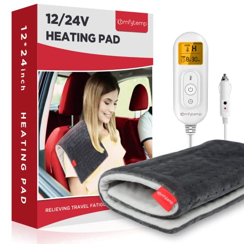 Comfytemp 12V/24V Car Electric Blanket for Back Pain Relief, Travel Blanket with 4 Heating Sets, 11 Auto-Off, Stay On, Portable Mini Blanket for Back Pain, Shoulders and Cramps Relief, 12x 24 Washable