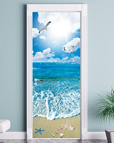 Door Sticker - FLFK 3D Door Mural Peel and Stick, Removable Self-Adhesive Ocean Door Wallpaper for Home Decor, 30.3 "W x 78.7 "L, Set of 2 Sheets