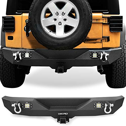 OEDRO Rear Bumper Combo Compatible for 07-18 Jeep Wrangler JK & Unlimited with 2" Hitch Receiver & 2 D-ring & 2x Square LED Lights, Star Guardian Design, Upgraded Textured Black Rock Crawler Off Road