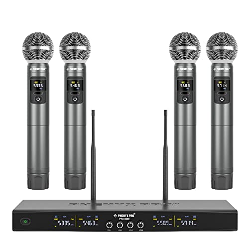 Phenyx Pro Wireless Microphone System, Metal Wireless Mic Set with 4 Cordless Mics, 4x25 UHF Adjustable Frequencies, 200ft Range, Dynamic Microphones for Singing, Karaoke, Church, DJ (PTU-5200)