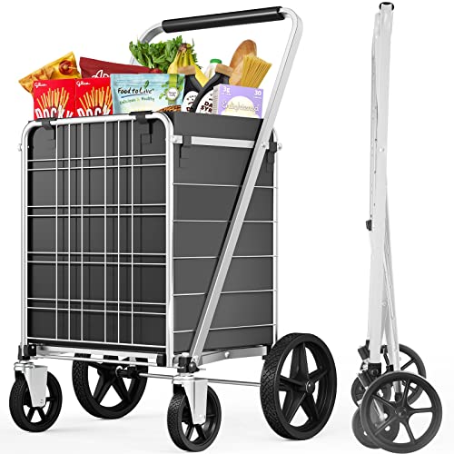 [2023 New] Folding Shopping Cart for Groceries, Large Grocery Cart with 360 Swivel Wheels and Waterproof Liner, 300 LBS Heavy Duty Utility Carts for Shopping, Laundry, Transport