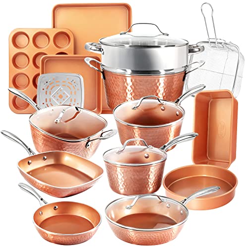 Gotham Steel Hammered Copper Collection  20 Piece Premium Cookware & Bakeware Set with Nonstick Copper Coating, Includes Skillets, Stock Pots, Deep Square Fry Basket, Cookie Sheet and Baking Pans