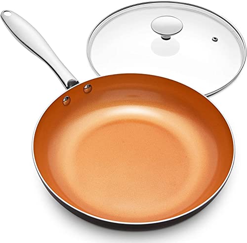 MICHELANGELO 12 Inch Frying Pan with Lid, Nonstick Copper Frying Pan with Titanium Ceramic Interior, Nonstick Frying Pans, Nonstick Skillet with Lid, Large Copper Pans Nonstick, Induction Compatible