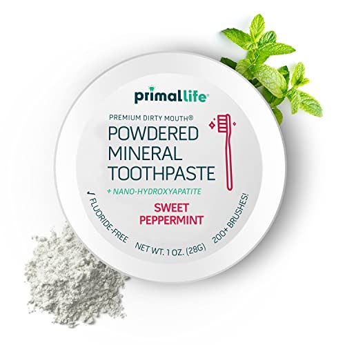 Primal Life Organics - Dirty Mouth Toothpowder, Tooth Cleaning Powder, Flavored Essential Oils with Natural Kaolin & Bentonite Clay, Good for 200+ Brushings, Organic, Vegan (Sweet Peppermint, 1 oz)