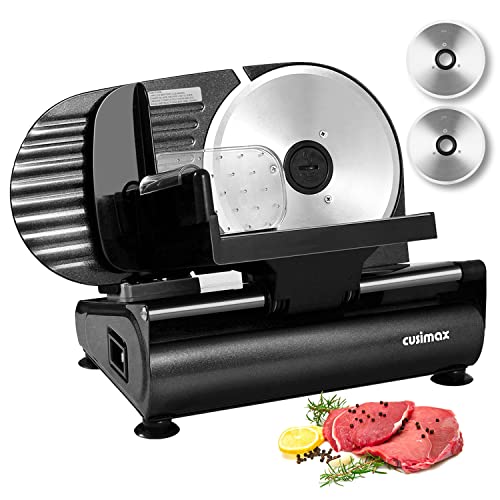 Meat Slicer, CUSIMAX Electric Deli Food Slicer with 2 Removable 7.5" Stainless Steel Blades, Food Carriage, Adjustable Thickness for Home Use, Cheese Fruit Vegetable Bread Cutter