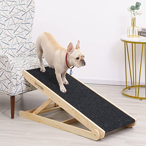 SweetBin Wooden Adjustable Pet Ramp for All Dogs and Cats - Non Slip Carpet Surface and Foot Pads - 41" Long and Adjustable from 12 to 24 - Up to 200LBS - Folding Dog Car Ramps for SUV, Bed, Couch