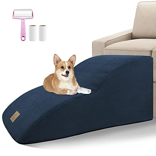 2-Tier Extended Dog Stairs Steps for Bed Couch Sofa,High Density Foam Pet Gentle Slope Ramp Stairs Ladder Friendly to Small Old Joint Injury Dogs Cats,Soft Fabric Cover Washable,Send Lint Roller Set