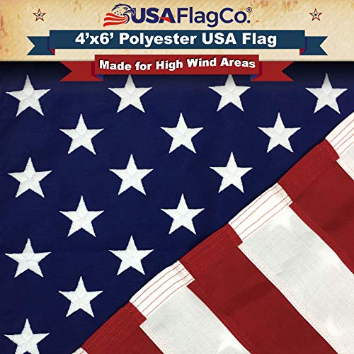 USA Flag Co. 4x6 Polyester American Flag - Embroidered Stars and Sewn Stripes withstands harsh Wind, Sun, Dirt, and Moisture Areas. Made in the USA