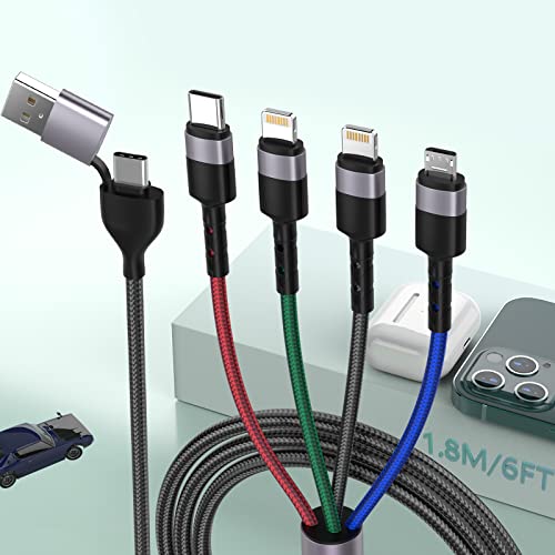 6 in 1 Multi USB Universal 1.8M/6Ft Phone Charging CableUSB A/Type C to Lightning*2+Type C+Micro USB Nylon Braided Sync Charger Cord Adapter for Android/iPhone/iOS/Samsung/Huawei-Uber Signs for Car