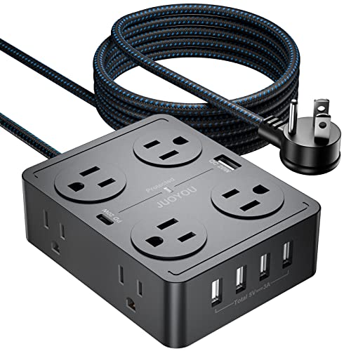 JUOYOU Black Surge Protector-USB Power Strip 5 th Extension Cord Flat Plug with 6 USB C Fast Charging Ports (QC 20W&PD 20W Wall Mount, Black Outlet Extender for Dorm Room Essentials