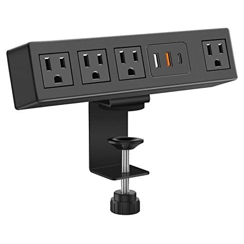 CCCEI Desk Clamp Power Strip with USB-A and USB-C Ports, Desktop Mount Surge Protector 1200J, Widely Spaced Desk Outlet Station, Fast Charging, 6 FT Flat Plug, Fit 1.9 inch Tabletop Edge. (Black)