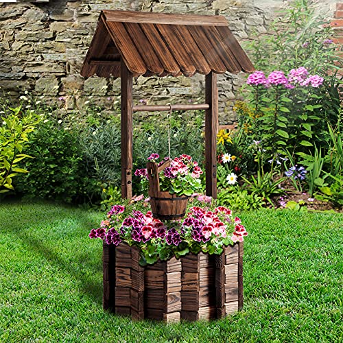 Aoxun Wooden Wishing Well Planter with Hanging Bucket for Flower and Plants Indoor and Outdoor, Rustic Flower Planter Patio Garden Ornamental, Home Decor, Brown