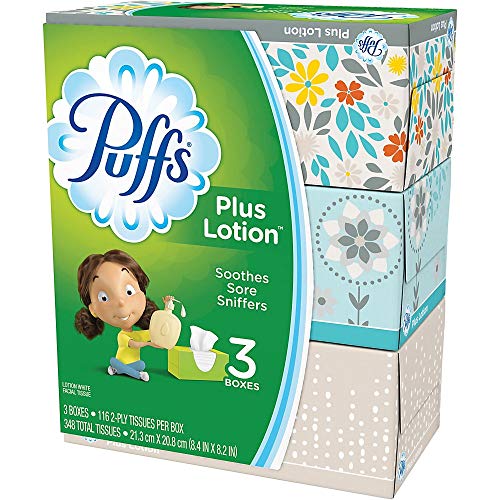 Puffs Puffs plus lotion facial tissues, 3 family boxes, 116 tissues per box, 348 Count,116 Count (Pack of 3)