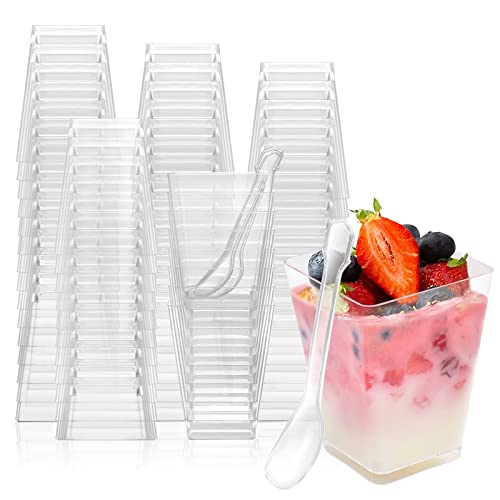 EASERCY 100 Pack 5 oz Plastic Dessert Cups Appetizer Cups for Party Parfait Cups Mini Dessert Cups with Spoons Yogurt Parfait Containers Shooter Cups for Pudding Fruit and Ice Cream