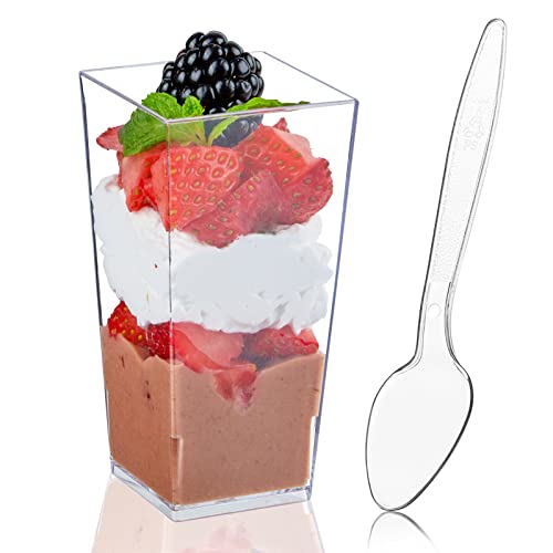 Zezzxu 50Pack 3oz Clear Plastic Dessert Cups with Spoons Mini Square Tall Tumbler Sample Cups for Serving Party Desserts, Appetizers, Fruit Parfait, Mousse, Pudding