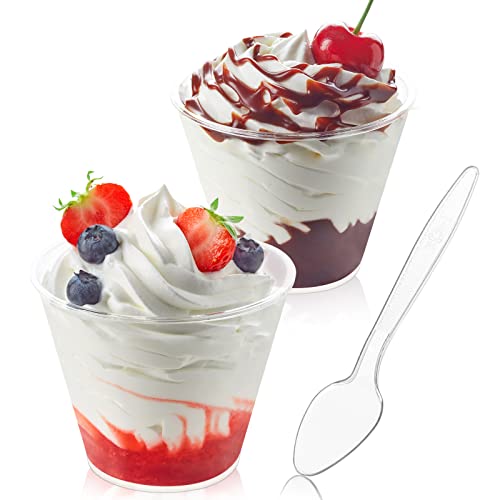 50 Pack 5 oz Plastic Dessert Cups with Spoons, Mini Mousse Cup Round Pudding Cups Party Serving Bowl for Cocktails Appetizers Fruit Parfait and Trifle