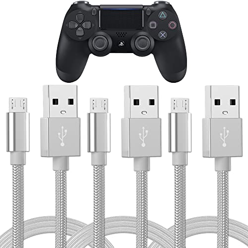 TALK WORKS Playstation 4 Controller Charging Cable Micro USB - 6' Long Braided Heavy Duty Fast Charger Cord for PS4 (Silver, Pack of 3) (14094)