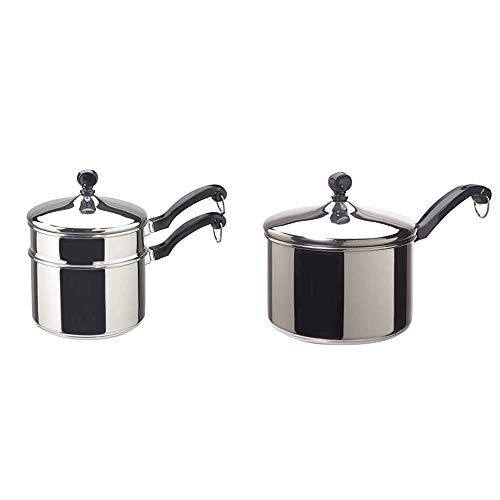 Farberware Classic Stainless Series 2-Quart Covered Double Boiler & Classic Stainless Steel Sauce Pan/Saucepan with Lid, 3 Quart, Silver