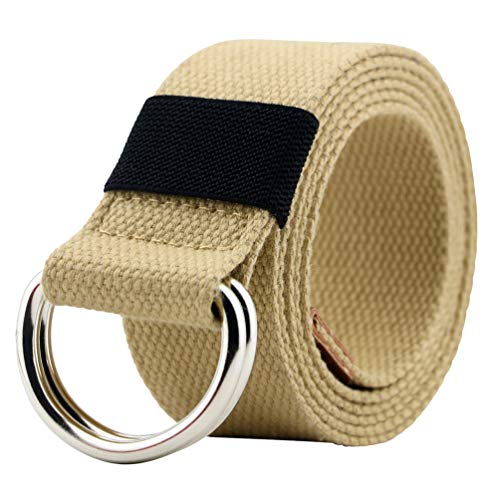 macoking Canvas Belt, Military Web Belts for Men with Double D Ring Buckle Khaki 55" long for waist 44"-47"