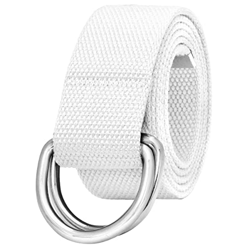 Falari Canvas Web Belt Metal Double D Ring Buckle for Men Women Casual Cloth Military Style Belt 1 1/2" Wide White Medium