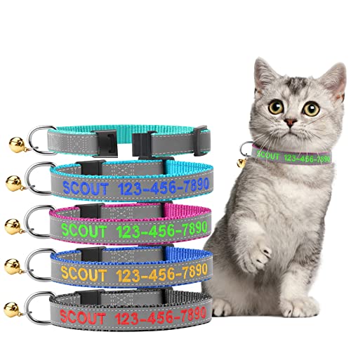Cat Collar Personalized - Breakaway Reflective Cat Collar with Bell-Custom Cat Collar Embroidered with Name and Phone, Adjustable for Cats and Kitten
