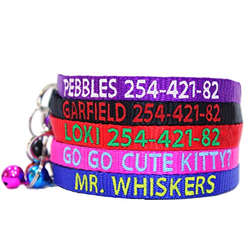 Personalized Embroidered Nylon Cat Collar Break Away with Bell - Custom Text with Pet Name and Phone Number - Multiple Thread Colors and Sizes