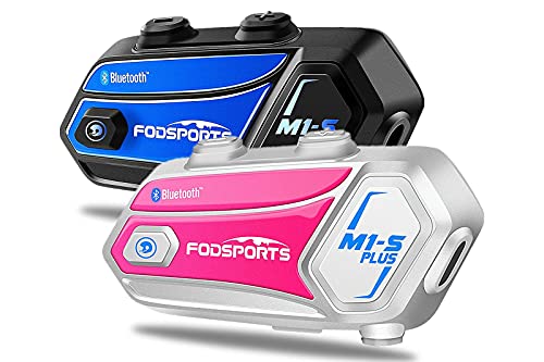 FODSPORTS Motorcycle Bluetooth Headset M1-S Plus Music Sharing/Mute Microphone/FM 8 Riders Intercom Helmet Communication System Voice Dial/ 900MAH/ Boom & Soft Mic (1 Blue + 1 Pink)