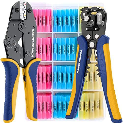 haisstronica Crimping Tool For Heat Shrink Connectors Set with 200PCS AWG 22-10 Marine Grade Heat Shrink Butt Connectors and Wire Stripper