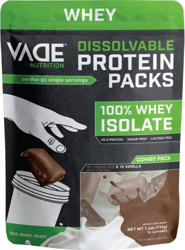 VADE Nutrition Dissolvable Protein Packs | Chocolate & Vanilla Whey Isolate Protein Powder, On-The-Go, Low Carb, Low Calorie, Lactose Free, Gluten Free, Fat Free, Sugar Free, Lean, 30 Servings