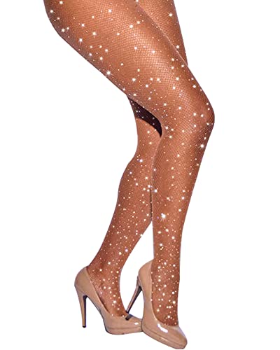 LUCKELF Sexy High Waist Tights Sparkle Rhinestone Fishnets Party Rhinestone Mesh Stockings (Free Size, Natural)