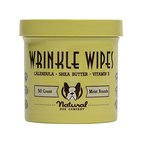 Natural Dog Company Wrinkle Wipes for Dogs, 50 Count, Hypoallergenic Dog Wipes, Wrinkle Wipes French Bulldog, Cleaning & Deodorizing, Dog Wipes for Grooming Faces, Paws & Butts