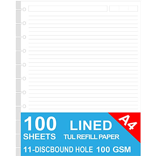 Letter Size Refills Paper, A4 Loose Leaf Paper for TUL Custom Note-Taking System Discbound Notebook Planner Inserts, 100 Sheets/200 Pages, White, Lined, 8.5 X 11 Inch