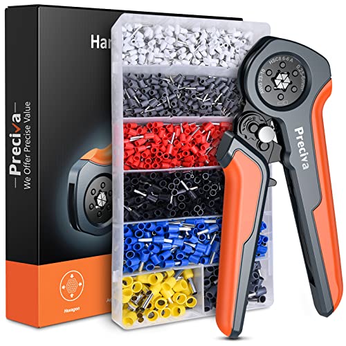 Ferrule Crimping Tool Kit, Preciva AWG23-10 Hexagonal Crimper Plier Set Manual Pressure Adjustable Ratcheting Crimping Plier with 1200PCS Wire Connectors