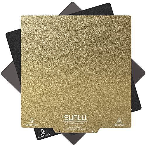 3D Printer Bed, SUNLU PEI Magnetic Build Textured Surface, Gold Frosted PEI Sheet for 3D Printers, 9.25x9.25inchs (235x235mm), 2 PCS PEI SheetBlack+Gold+1 PC Base Sticker Sheet