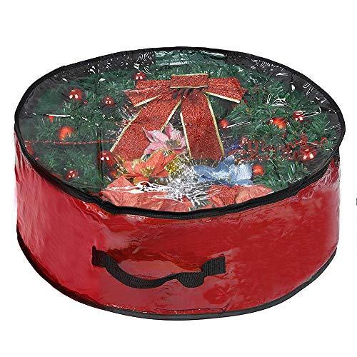 Propik Christmas Wreath Storage Bag 24" - Garland Holiday Container with Clear Window - Tear Resistant Fabric - 24" X 24" X 8" (Red)