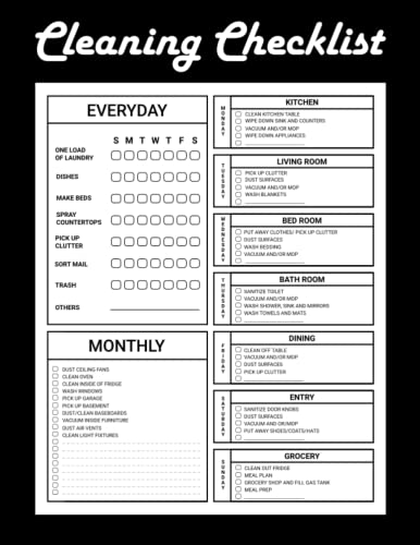 Cleaning Checklist: Daily Weekly and Monthly Cleaning Schedule Checklist Planner | Household Chores with Check Lists | House Cleaning Planner and Organizer